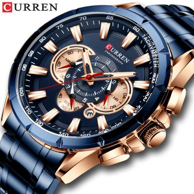 China 2019 Hot Selling Automatic Date Curren 8363 Water Resistant 3atm Chronograph Man Quartz Wrist Watch With Blue Stainless Steel Chain for sale