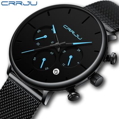 China Relogio Masculino CRRJU Automatic Men's Date Business Dress Watches Casual Luxury Waterproof Quartz Mesh Watch Men 3-Sub Thin Dial Sports Watch for sale