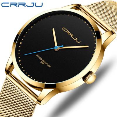 China Relogio Masculino CRRJU Waterproof Watch For Sport Simple Unique Mesh Waterproof Watch Big Dial Mens Black Casual Quartz Watches for sale