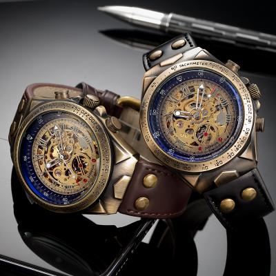 China New Design Water Resistant SHENHUA Motorcycle Belt Mens Transparent Skeleton Top Brand Automatic Genuine Bronze Watches Luxury Clock for sale