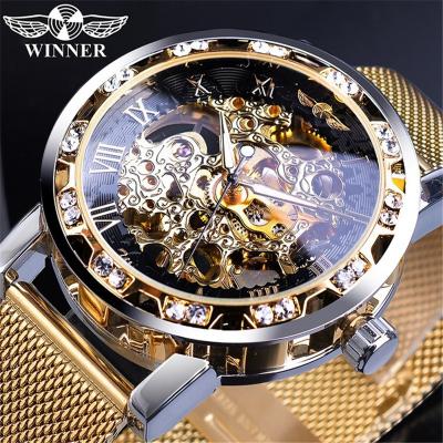 China Luxury Skeleton Mesh Steel Man Watch Gift Sports Mechanical Men's Wrist Watch Wind WINNER Military Top Brand Water Resistant Clock for sale