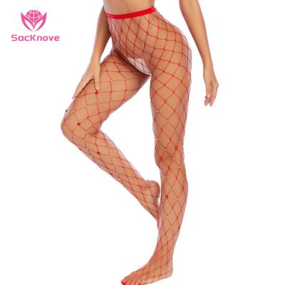 China Crystal Heart Fishnet Mesh Tights Breathable Hot Lesbian Red High Waist Stockings Nightclub Pantyhose Gay Women Leggings SacKnove TZ36 Tops for sale