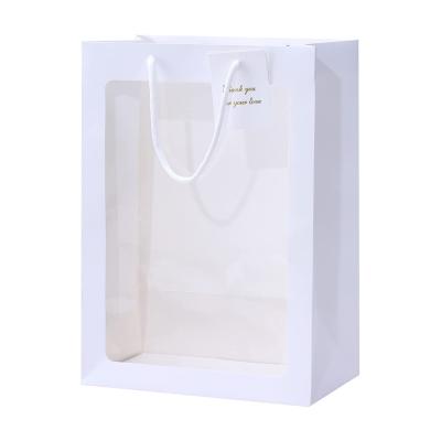 China Recyclable High Quality Custom Elegant Logo Display Rope Handle White Gift Paper Bags With Window for sale