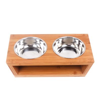 China Sustainable Wholesale Pet Products Bamboo High Feeder With Bowls Stainless Steel Dog Bowl for sale