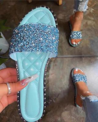 China CUSHIONING 2021 New Summer Fashion Sequins Jewelry Slippers Rhinestone Flat Sandals For Women for sale