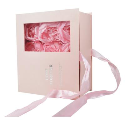 China Recycled Materials Factory Custom Transparent Flower Boxes Eco-friendly Rose Paper Gift Box Packing Pink Cardboard Square Flower Box With Ribbon for sale