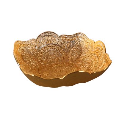 China Ramadan Decor Arabic Decoration Acrylic Gold Sugar Basket Fruit Bowl Snack Disposable Candy Dish Tray with Metal Handle for sale