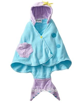 China Kidorable Sustainable Blue Mermaid All-cotton Hooded Towel for Girls with Fun Fish Tail and Shells for sale