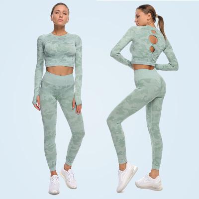 China Breathable Women Camouflage Long Sleeve 2 Piece Workout Set Women Fitness Set Sportswear Yoga Wear for sale