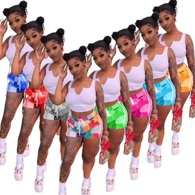 China Summer QUICK DRY multi color short pants casual fabric and crop top women white sexy two piece sets for sale