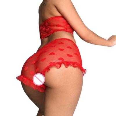 China Valentine's Day Valentine Transparent Mesh Ruffles Lace plus size two piece blunder tube top panties sets sexy nightgown lingerie for sale