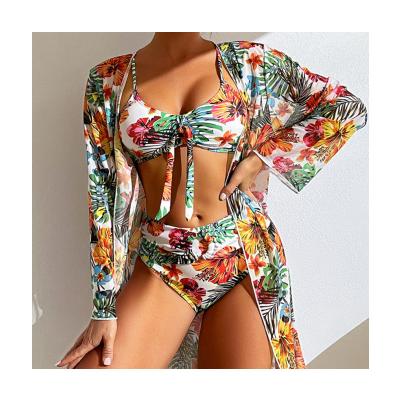 China Sexy floral print bikini swimwear suit ladies size swimwear three piece beachwear long sleeve plus blouse for sale