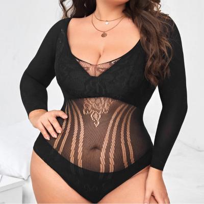 China Women's Sexy Lingerie Hollow Out Mesh Lace Designs Tight Fit Black Long Sleeve Sleepwear Robe Lace For Women for sale