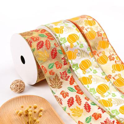 China Classic Hot Sale Pumpkin Maple Pattern Burlap Ribbon for Thanksgiving Fall Harvest Party Fall Harvest Ribbon for sale