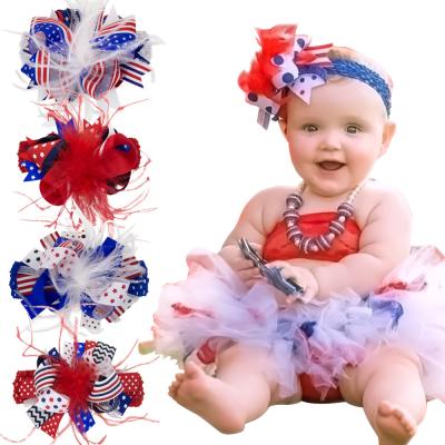 China Material Friendly 4th July Bow With Crochet Headband Girls Flag Festival Bow With Feather And Clips For Hair Accessories for sale