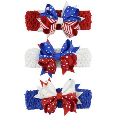 China Cheer Friendly Material Bow 4th July Crochet Headband White Hairband Kids Red Blue Hairbands Girls Elastic Hairband Independence Day Hairband for sale