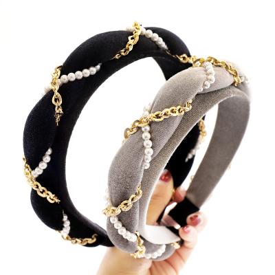 China Ladies Friendly Material Girls Fashion Tweed Pearl Chain Headband Hair Head Band Accessories Cute Cute Gift for sale