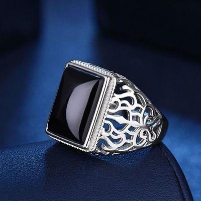 China Vintage 925 Agate Personality Obsidian Silver Green Men Bossy Living Retro Mouth Ring Green Chalcedony Send Father for sale