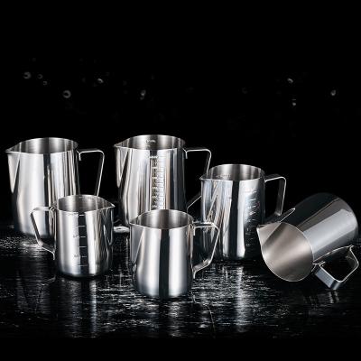 China Viable Milk Jug 350ml 500ml 900M Stainless Steel Coffee Measuring Cup Jug Latte Milk Mug Frothing Jug for sale