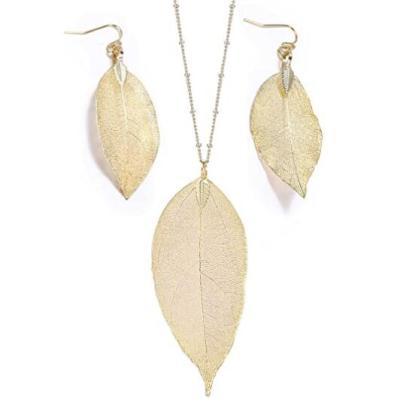 China Eco-Friendly Gold Silver Leaf Long Necklace Earring Pendant Jewelry Set For Women for sale