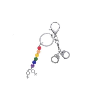 China New Metal Fashion Rainbow Beads Handcuff Key Chain Ring Gays Leabian Bag Charm Car Jewelry LGBT Accessories for sale