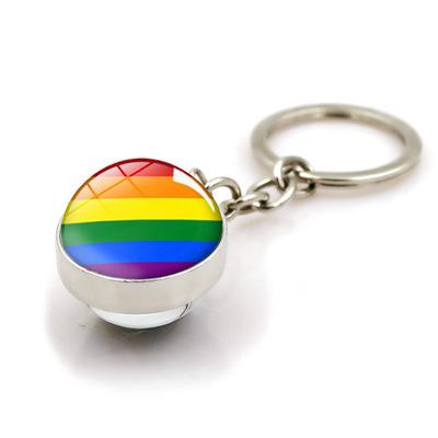 China Environmental Friendly Silver Color Glass Cabochon Rainbow Pattern Key Chain Ring Gay Pride Keychain Double Side Glass Ball Car for sale