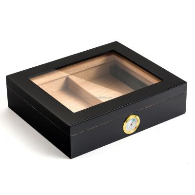 China Wodden Success Matte Black Glass Transparent Window Humidor Two Compartments Wooden Cigar Box With Password Lock for sale