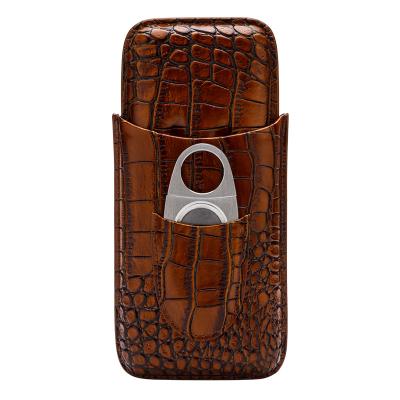 China Handy 3 CT Travel Croco Leather Handmade Cigar Case with Cigar Cutter for sale