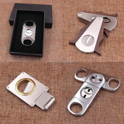 China Durable Carving Pattern Custom Logo Double Guillotine Cigar Cutter With Sharp Stainless Steel Blade Knife for sale