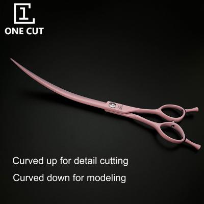 China Super Curved Pink Dogs Scissors Macaron Dogs Grooming Scissors 440C Steel Pet Scissors for sale