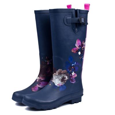 China Fashion Anti-slippery Women's Rain Boots Long Navy Blue Flower Rain Boots Rubber Sleeve Knee High Shoes Rain Boots for sale