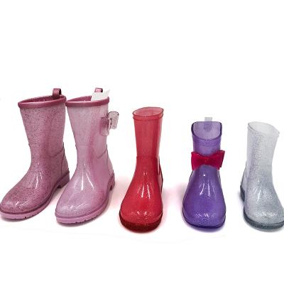 China Custom Color Glitter Wellies Rain Protect Shoes Fashion Color Cute Comfortable Children Kids Rain Boots With Kownot for sale