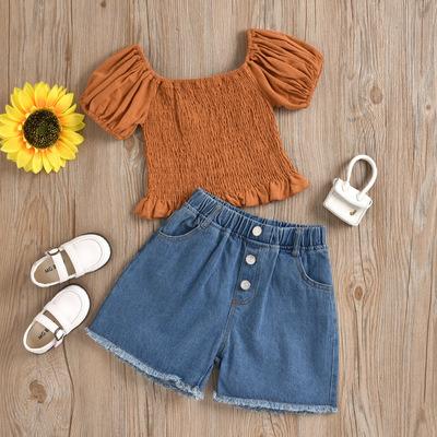 China Girls Casual Summer Kids Brown Elastic Shirts With Denim Pants Kids Clothes Set For Children for sale