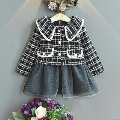 China Kids Casual Clothes Girl Long Sleeve Coat With Tutu Dresses Black Plaid Skirt Two Piece Set for sale