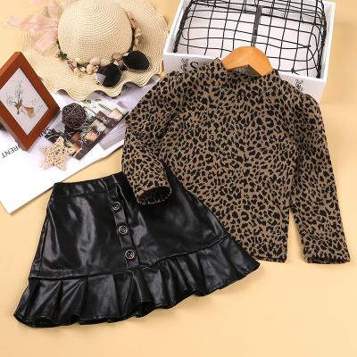 China Leopard 2 Piece Girls Casual Kids Long Sleeve Shirts With Skirts Dresses Clothes Set for sale