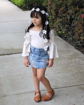 China Summer Casual Kids Flared Girls Fashion Kids 2 Pcs Girl Clothes Set Jeans Ripped Sleeve Crop Top Shirts for sale