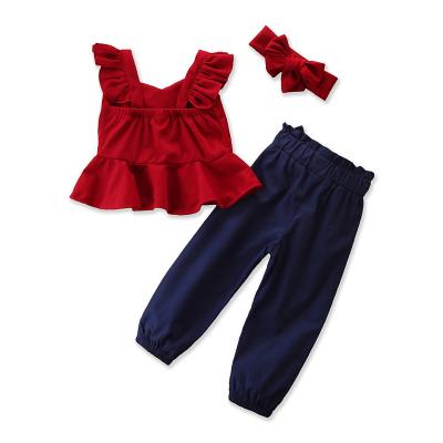 China Red Fly Casual Sleeve Set Gift Shirts Bows With Pants Solid Color Kids Clothes Set For Girl for sale