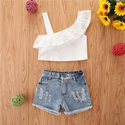 China New casual summer fashion pants jeans sets shirts with jeans pants little girl clothes suit for sale