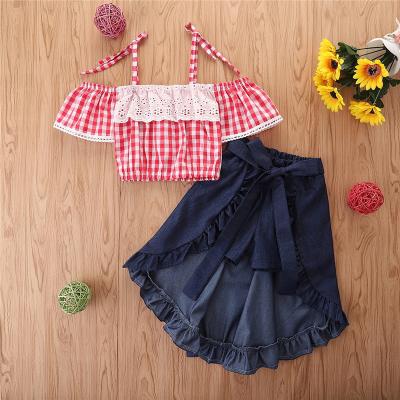 China Summer Casual Girls Clothes Sets Shirts Plaid Crop Tops With Dress Children Kids Baby 2pcs Girl Dress Outfits for sale