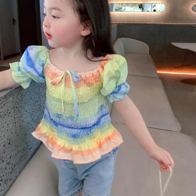 China Viable Rainbow Tie Dyed Latest Design Elastic Shirts For Kids Summer Girl Shirts Sleeveless Shirts Kids for sale