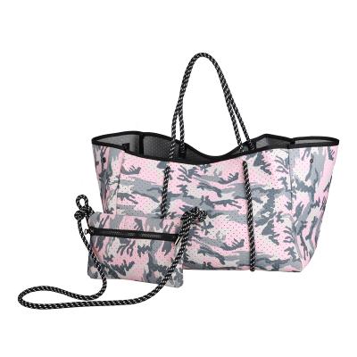 China High Quality KS2118 Customized Perforated Camouflage Neoprene Tote Bag Pink Gray Beach Bag for sale