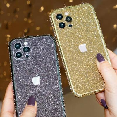 China Luxury Hot Selling Glitter Diamond Sticky Phone Case Low MOQ Women Cell Phone Cover For IPhone12/IPhone 11 for sale