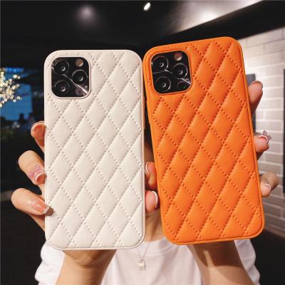 China Luxury Rhombic Colored PU Metal Camera Woomen Man Phone Leather Accurate Anti-Drop Case For iPhone 11 11pro 12 12pro for sale