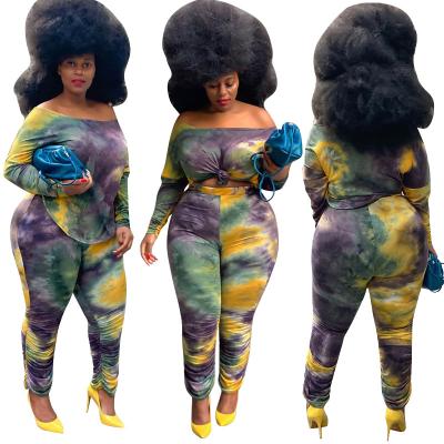 China Viable Fashion Tie Dye Printing Casual Plus Size Cotton Two Piece Pants Set Women Trouser Suit for sale