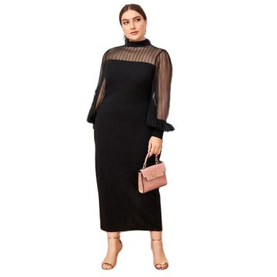 China Wholesale Workable Round Neck Solid Color Long Sleeve Ribbed Waist Skinny Maxi Dress Women Autumn Black Plus Lace Up Dresses For Woman for sale