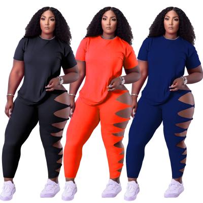 China Breathable Women Clothing Tied And Ripped Sportswear Pants 2 Piece Sets Short Sleeve Professional Exercise Equipments for sale