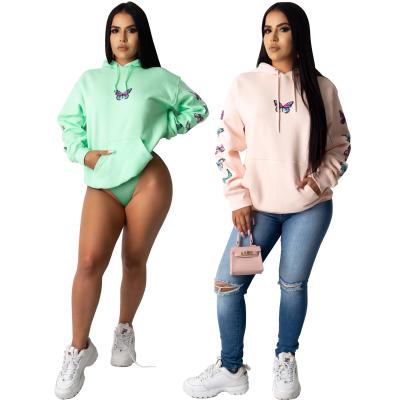 China Long Sleeve Hoodies Clothing Sweatshirts Ladies Pullover Hoodies Solid Color Butterfly Anti-Shrink Fashion for sale