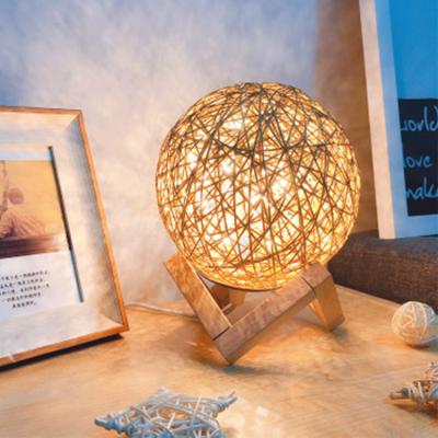 China Modern Led Wooden Table Lamp USB Moon Shape Night Light Modern Rattan Ball Lamp for sale