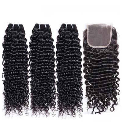 China Jerry Curl Curly Wave 3 4 Bundles With Closure Brazilian Remy Hair Bundles With Closure Deep Wave Bundles With 4x4 Lace Up Virgin Hair for sale