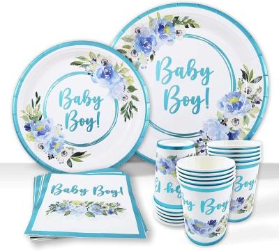 China Baby Shower Disposable Hanping Dishes and Napkins Baby Boy Decorations Dessert Dish Cup Tableware Floral Disposable Party Supplies for sale